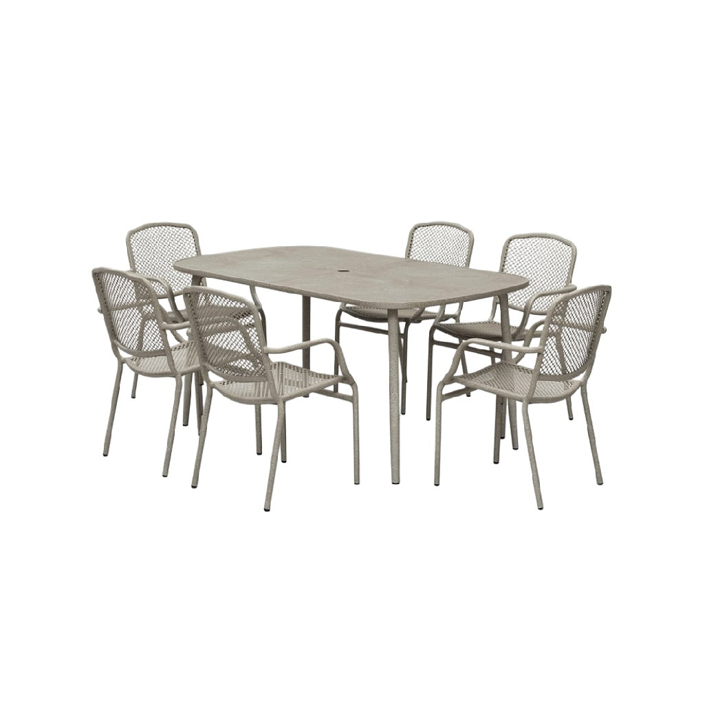 "Outdoor Dining Set with Rectangular Table and Six Mesh Chairs"