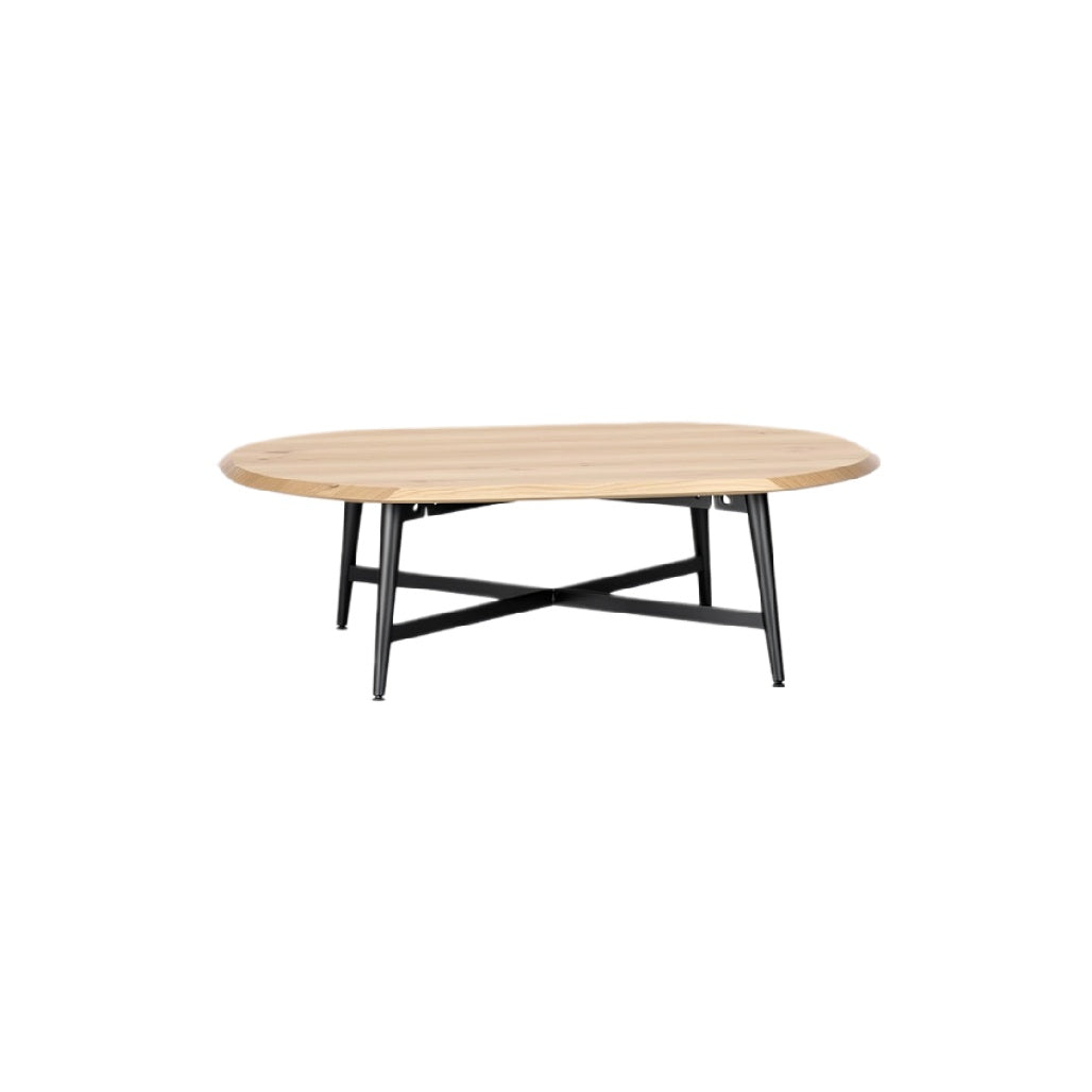 Modern Round Coffee Table with Wooden Top and Black Metal Base