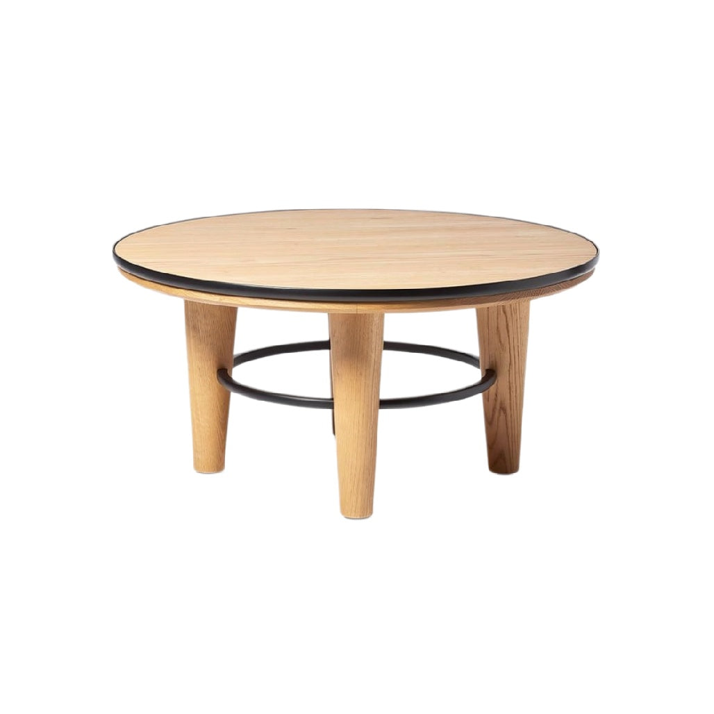 Minimalist Round Coffee Table with Wooden Top and Black Accents