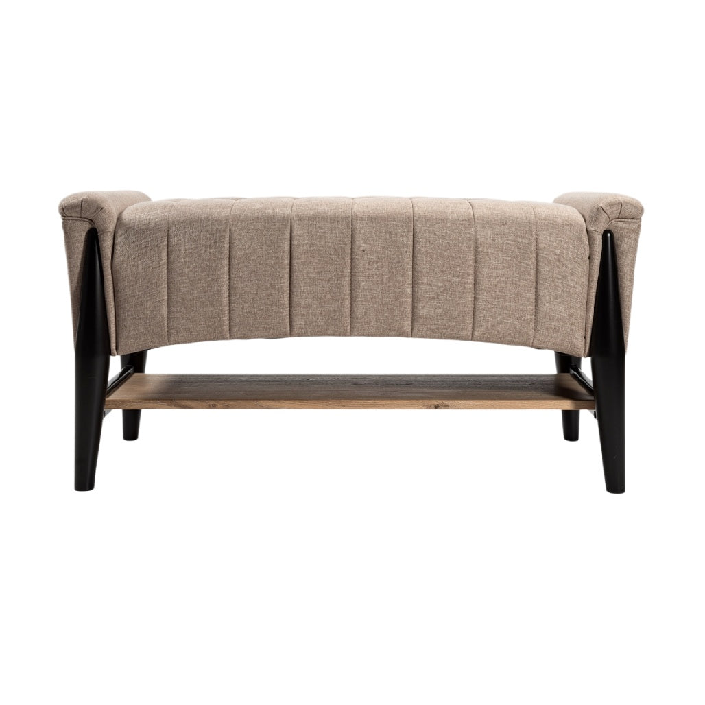 "Modern Curved Upholstered Bench with Wooden Shelf"